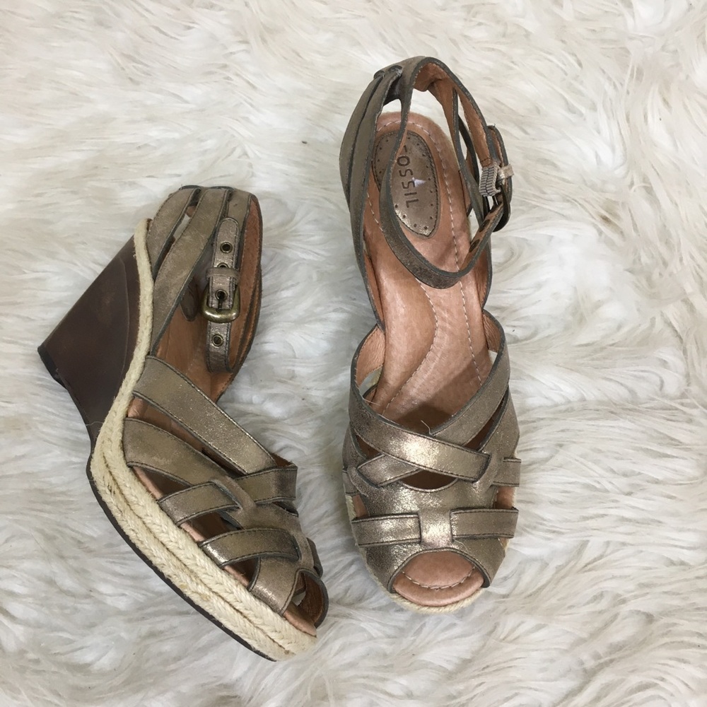 Leather Peep Toe Wooden Espadrille Fossil Wedges
